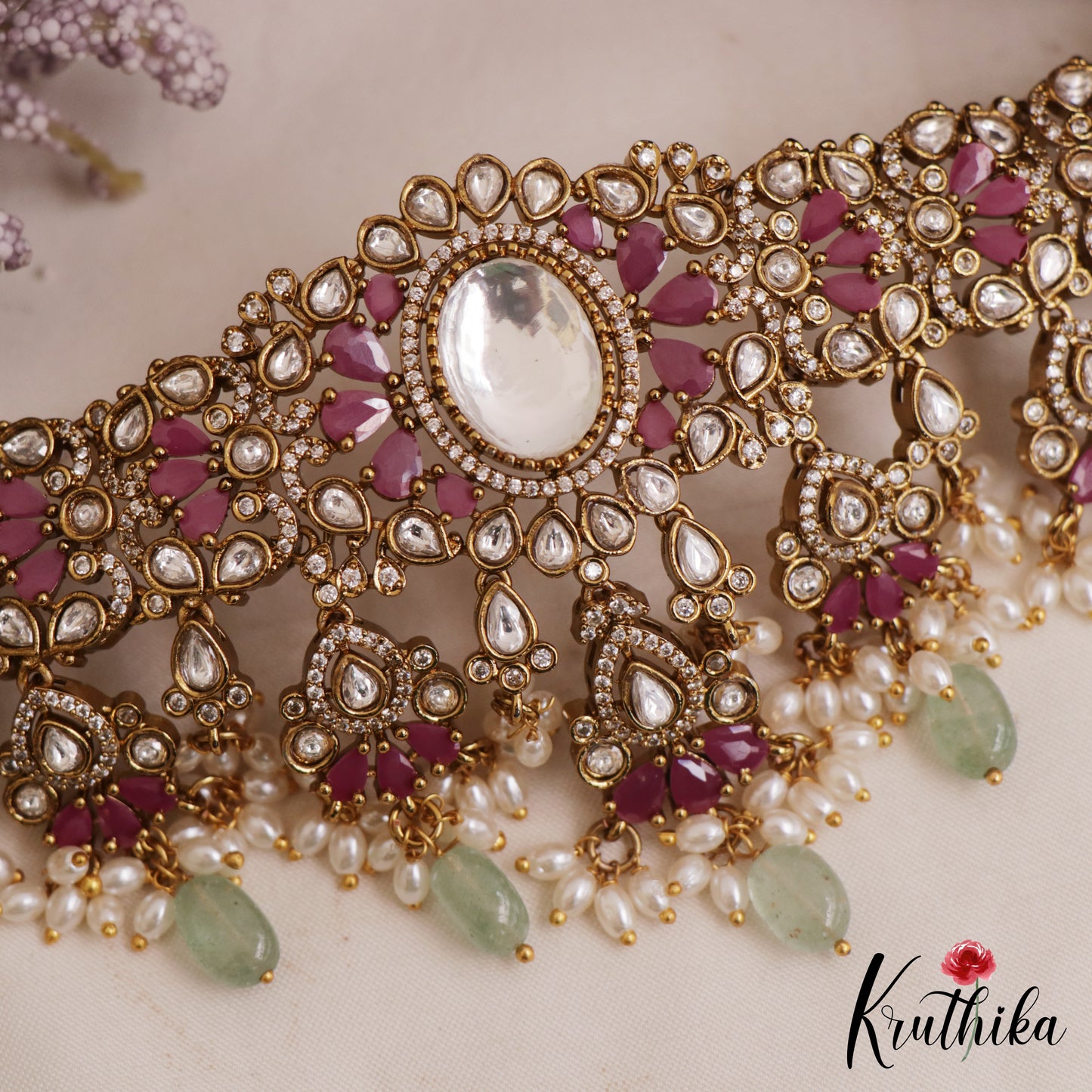 Stunning Lord Balaji Motifs Polki CZ Victorian Choker And Haaram Set NC3080