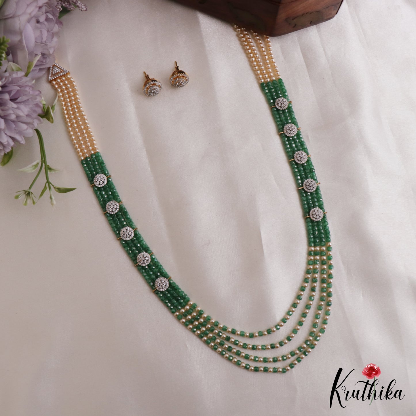 Sparkling Multi Layered Crystal & Pearl Haaram With Floral Accents LH2127 (Available In 7 Colors)