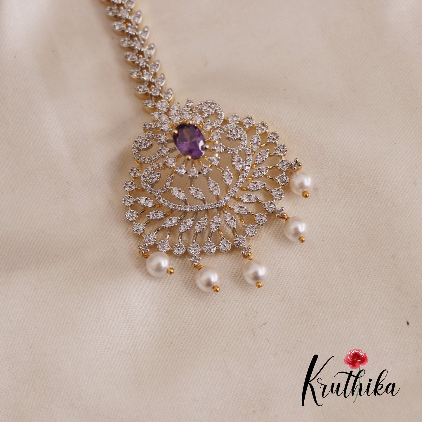Classic CZ Leaf Motifs Maang Tikka With Pearl Drops MT324