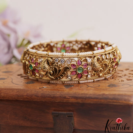 Classic Floral Peacock Motifs Pearl Border Kemp Openable Single Kada Bangle B558