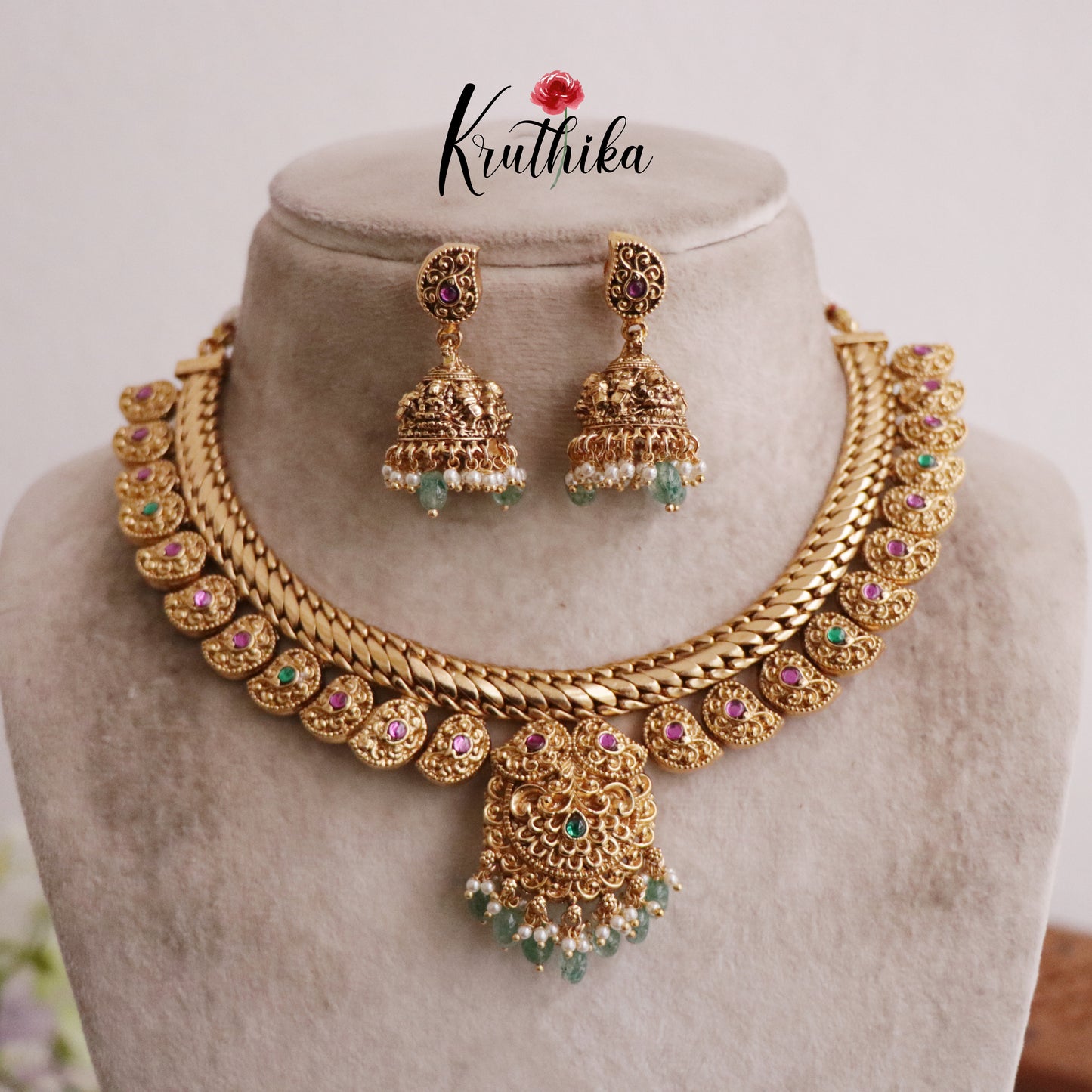Elegant Jadau Manga Design Jalebi Style Necklace with Pastel Green Beads NC2043