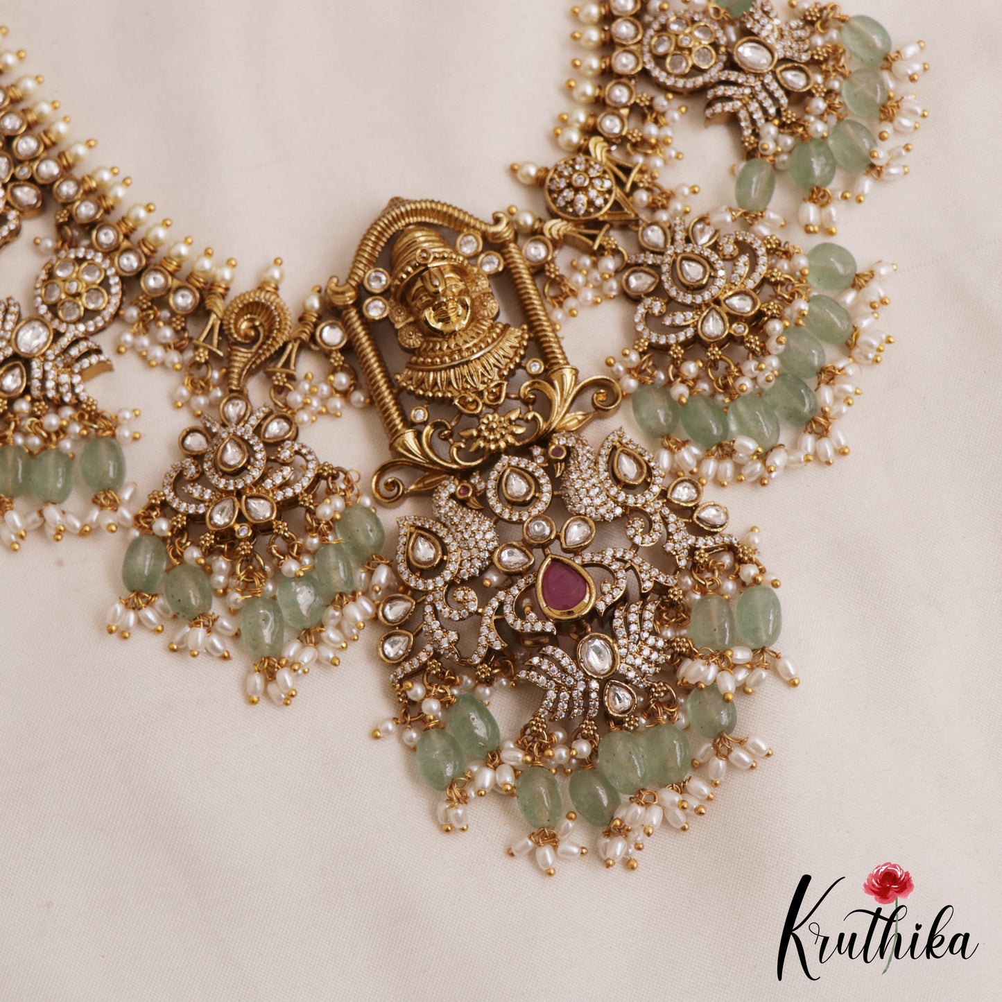 Stunning Lord Balaji Motifs Polki CZ Victorian Choker And Haaram Set NC3080