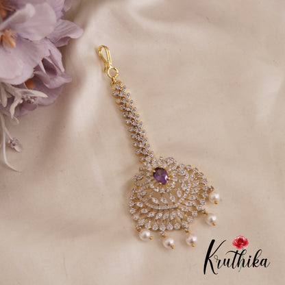 Classic CZ Leaf Motifs Maang Tikka With Pearl Drops MT324 (Available In 3 Colors)