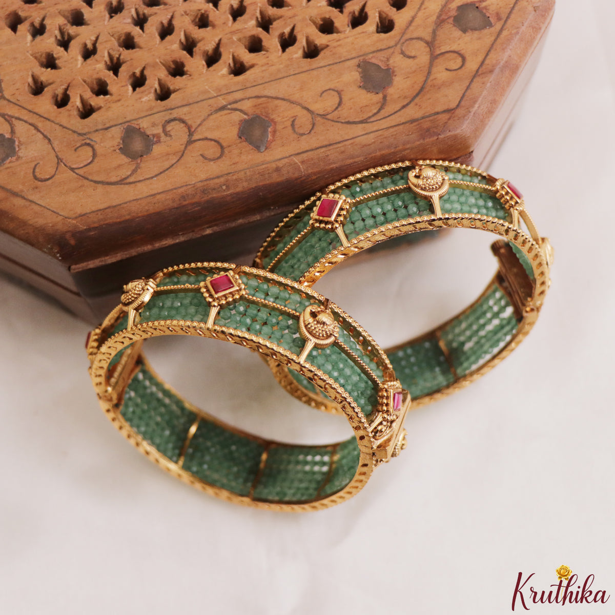 Premium Jadau stones pastel beads peacock bangles B600