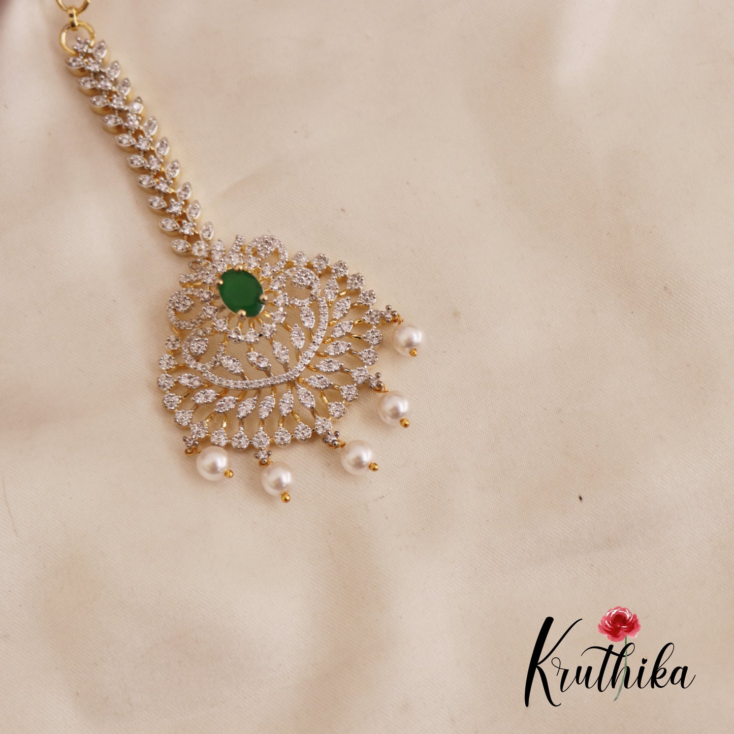 Classic CZ Leaf Motifs Maang Tikka With Pearl Drops MT324