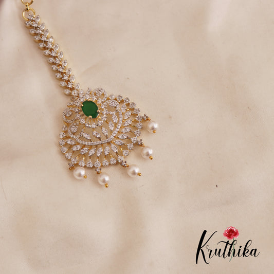 Classic CZ Leaf Motifs Maang Tikka With Pearl Drops MT324