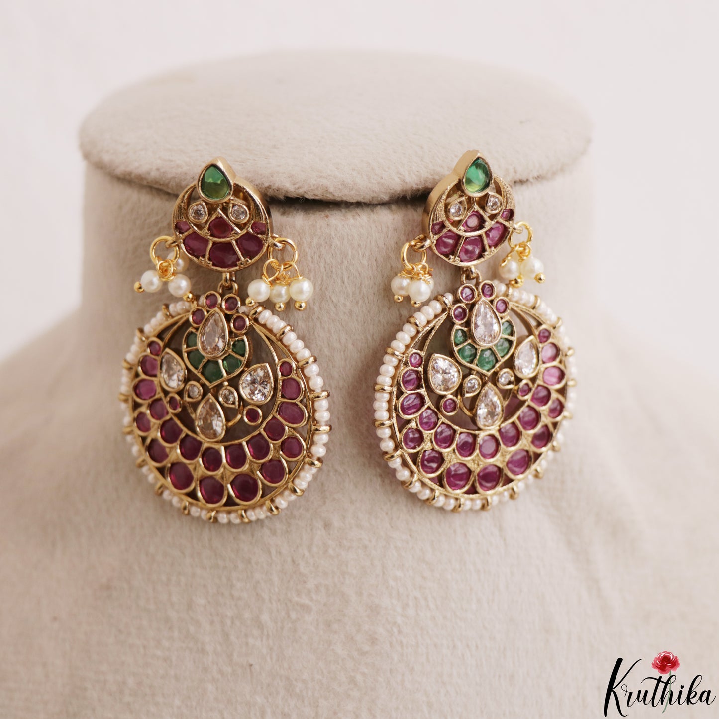 Classic Teardrop Motifs Chandbali Earrings With Pearl Drops E1216