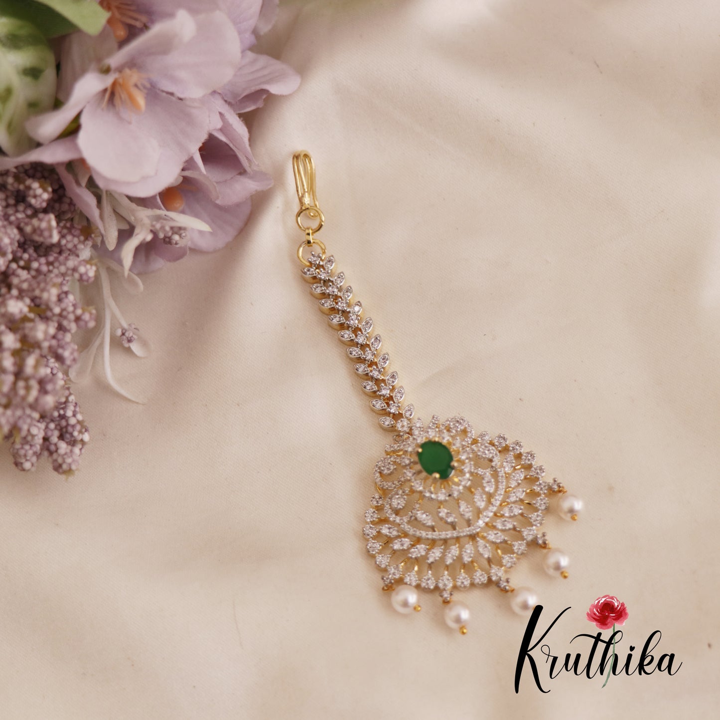 Classic CZ Leaf Motifs Maang Tikka With Pearl Drops MT324