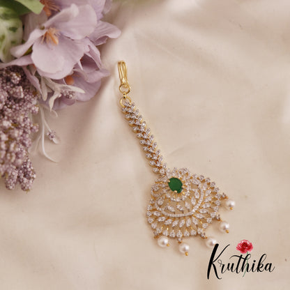 Classic CZ Leaf Motifs Maang Tikka With Pearl Drops MT324