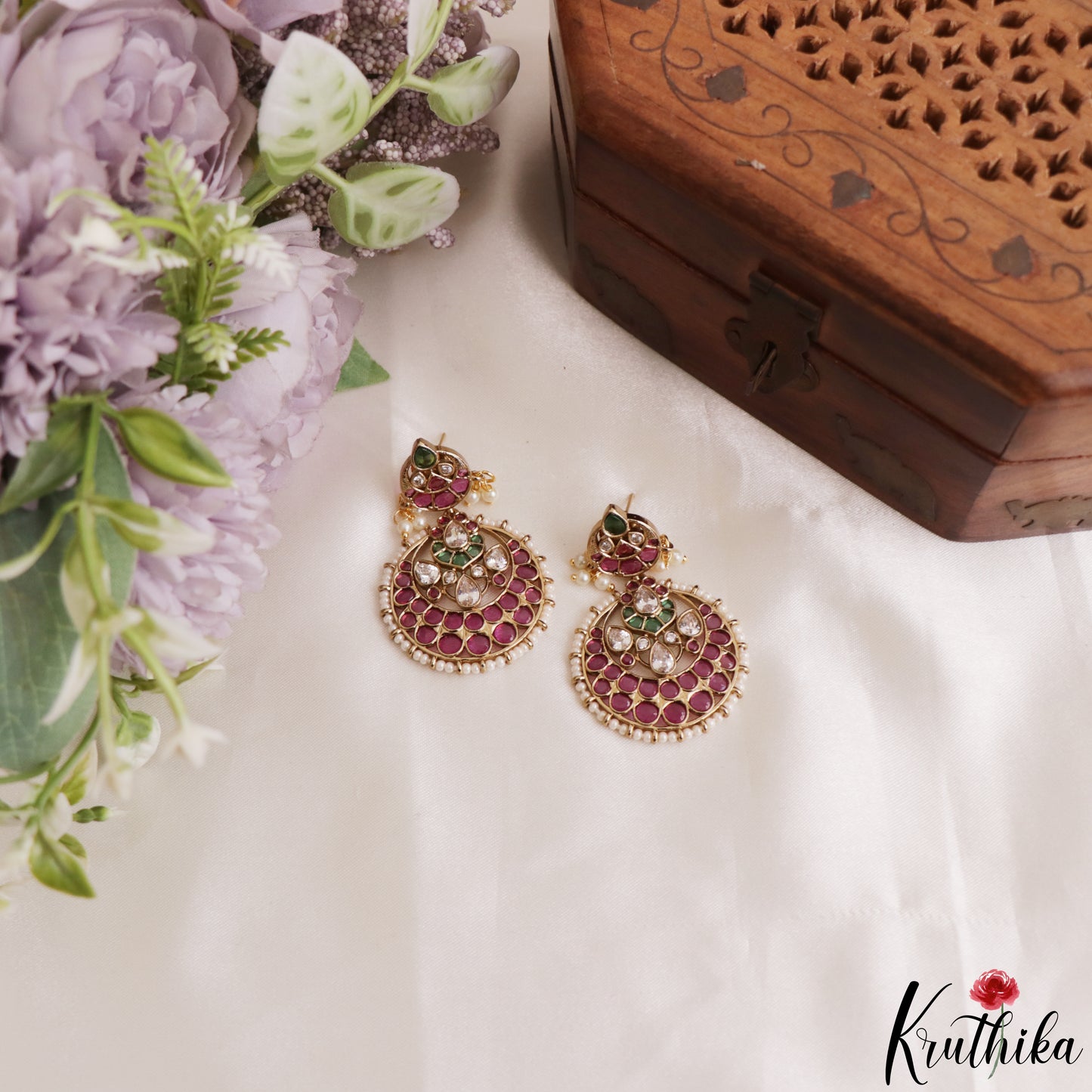Classic Teardrop Motifs Chandbali Earrings With Pearl Drops E1216