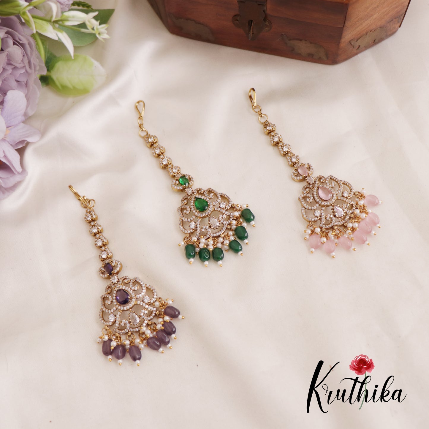 Elegant AD Teardrop Maang Tikka With Pearl And Bead Drops MT330 (Available In 3 Colors)