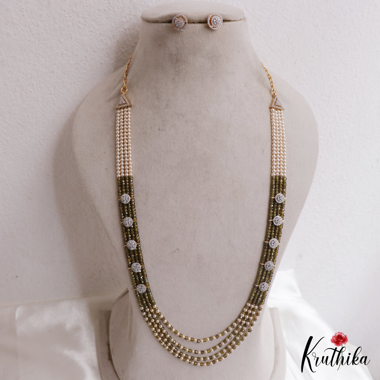 Sparkling Multi Layered Crystal & Pearl Haaram With Floral Accents LH2127 (Available In 7 Colors)