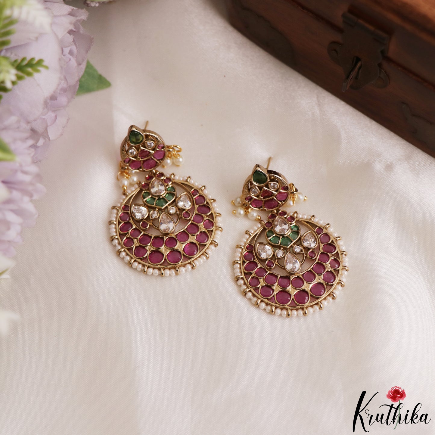 Classic Teardrop Motifs Chandbali Earrings With Pearl Drops E1216