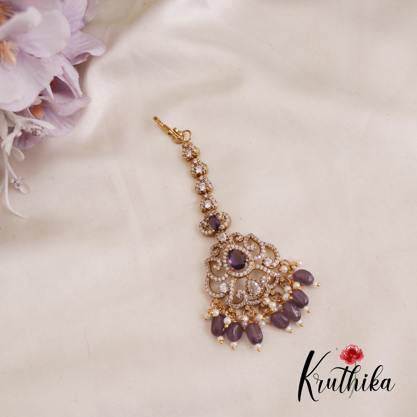 Elegant AD Teardrop Maang Tikka With Pearl And Bead Drops MT330 (Available In 3 Colors)