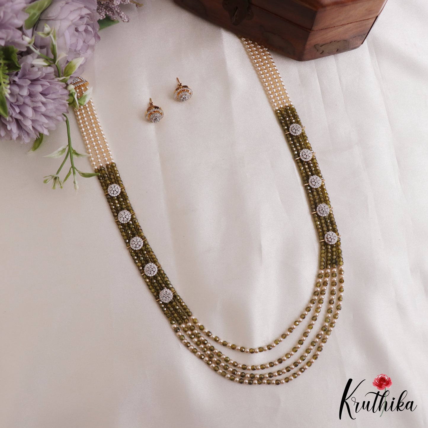 Sparkling Multi Layered Crystal & Pearl Haaram With Floral Accents LH2127 (Available In 7 Colors)