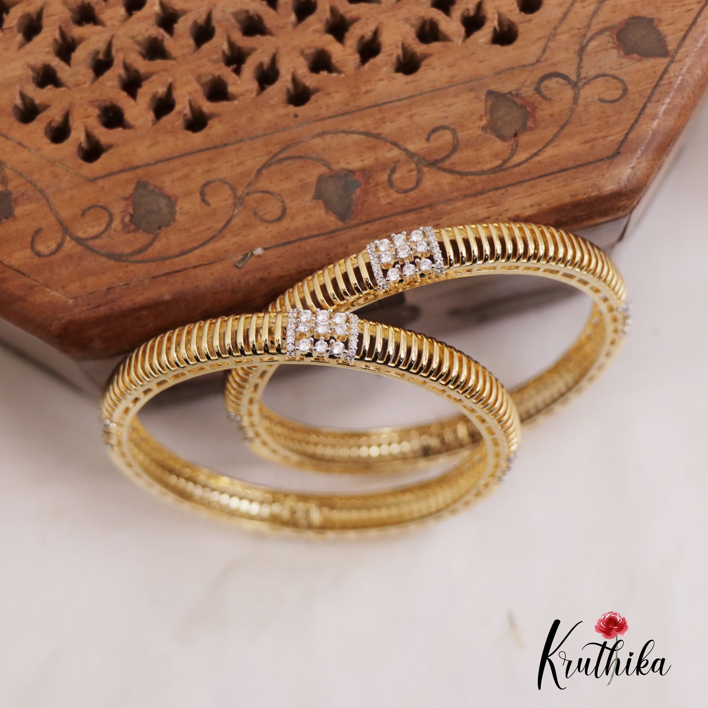 Simple Trendy Diamond-Finish Gold-Tone Bangles B443 (Set Of 2)