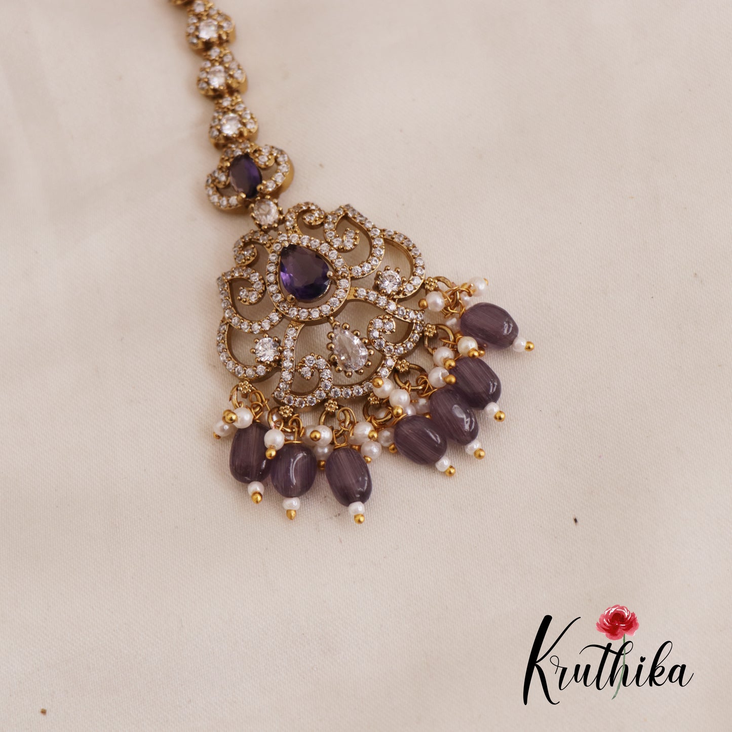 Elegant AD Teardrop Maang Tikka With Pearl And Bead Drops MT330 (Available In 3 Colors)