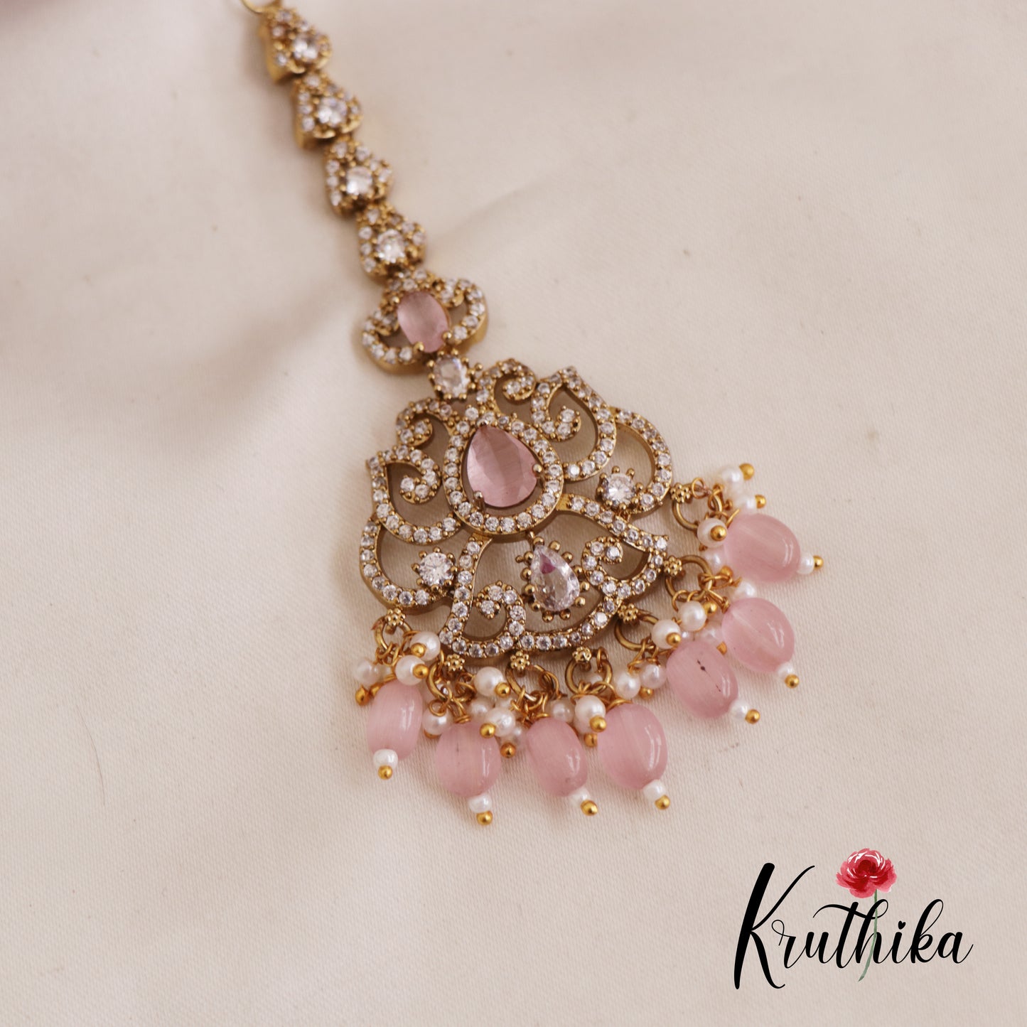 Elegant AD Teardrop Maang Tikka With Pearl And Bead Drops MT330 (Available In 3 Colors)