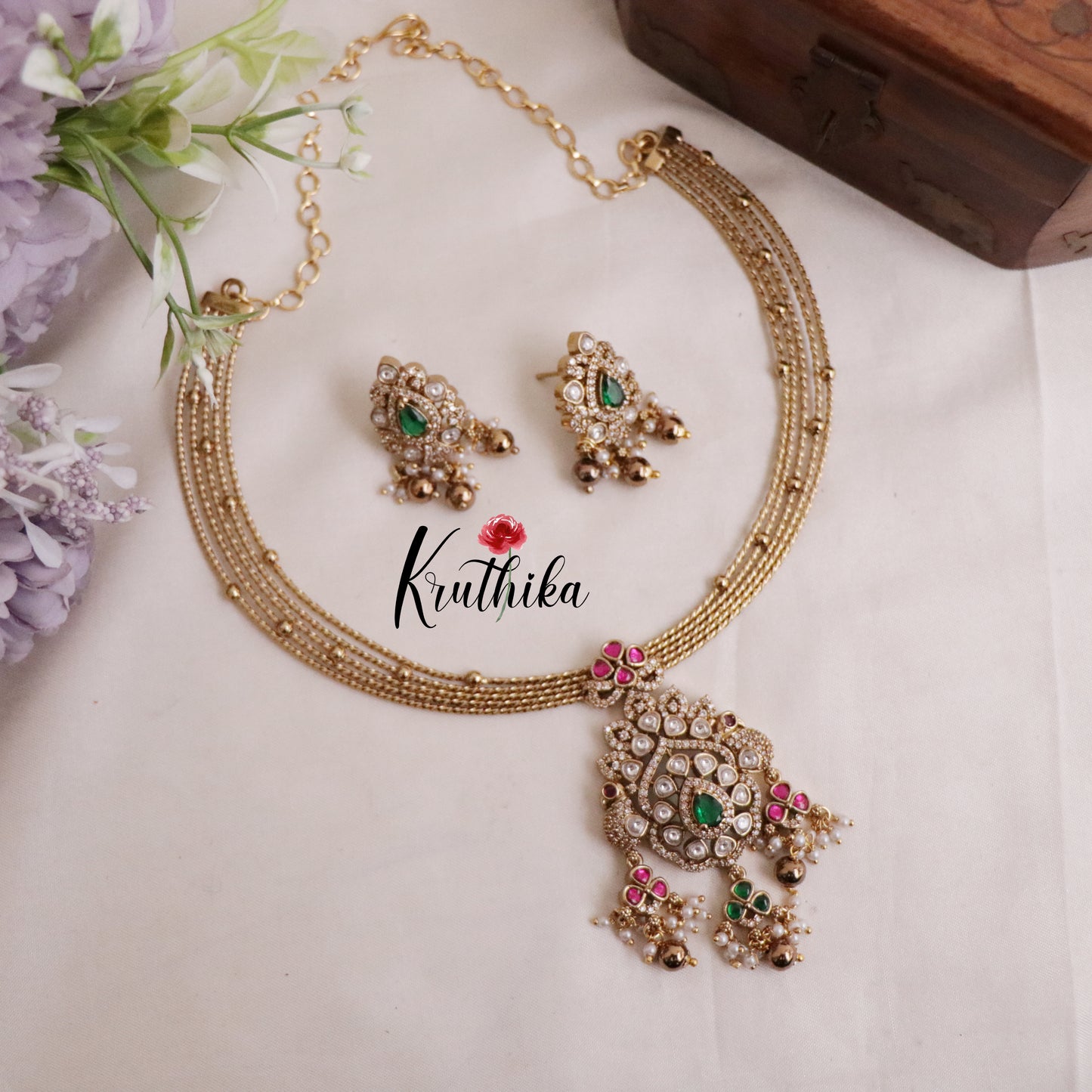 Trendy Victorian Peacock Hasli Emerald Necklace NC2023 (Available in 2 Colours Beads)