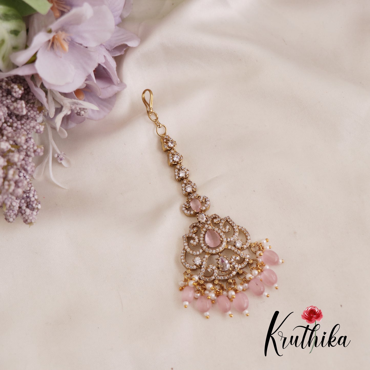 Elegant AD Teardrop Maang Tikka With Pearl And Bead Drops MT330 (Available In 3 Colors)