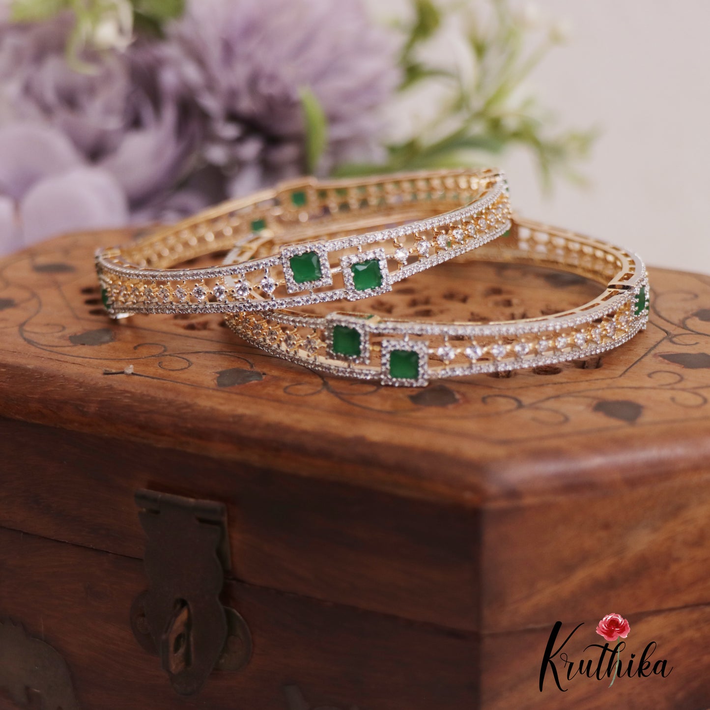 Elegant AD Gold Finish Bangles B438  (Set of 2 Bangles)|(Available In 2 Colors)