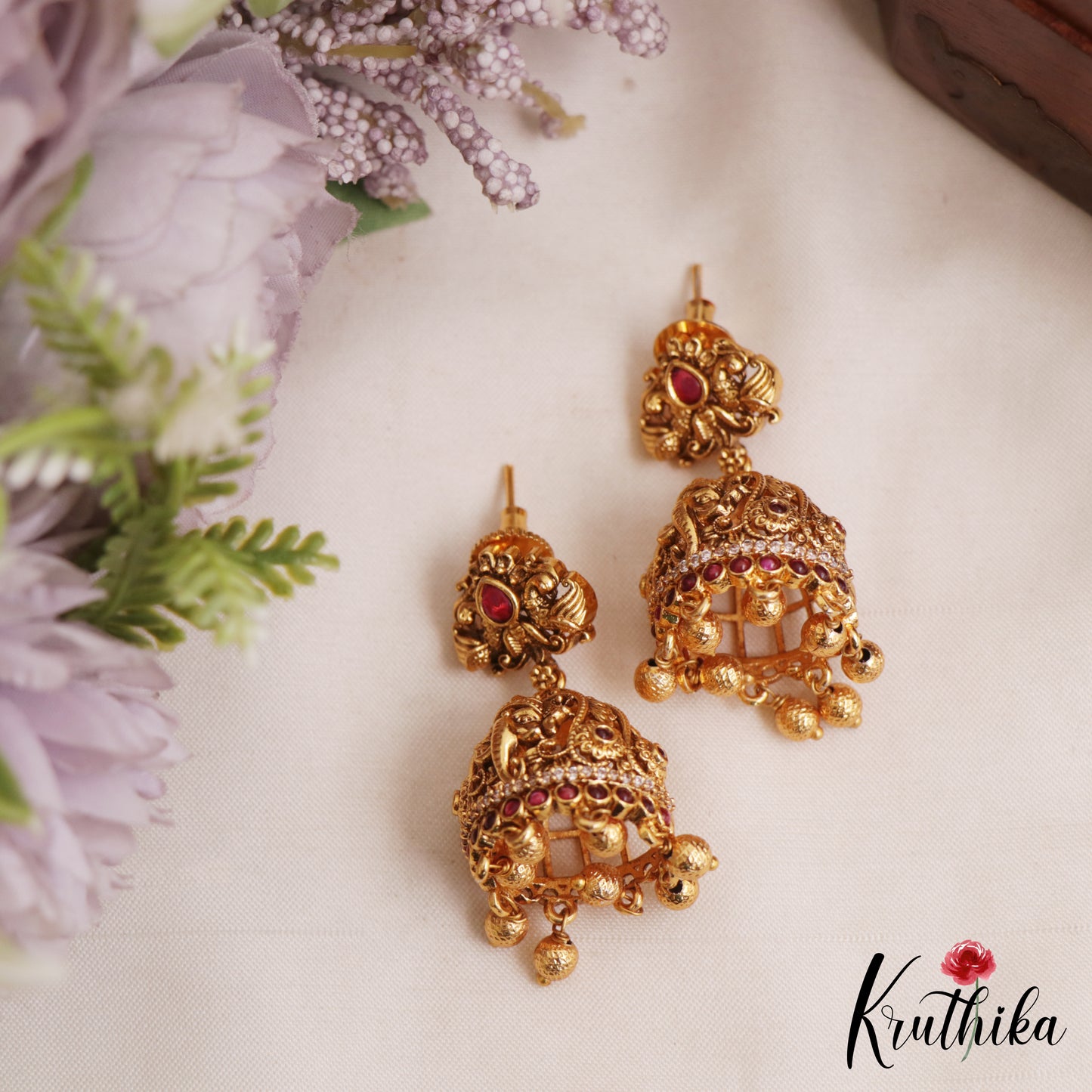 Beautiful Lord Ganesha Motifs Jadau Jhumkas With Gold Bead Drops E1161