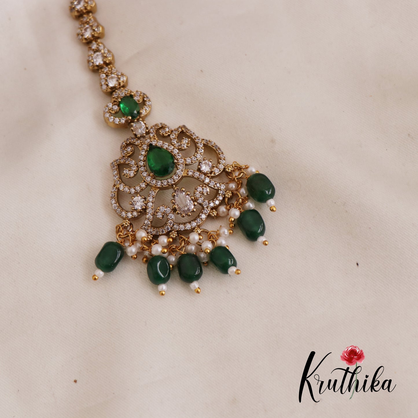 Elegant AD Teardrop Maang Tikka With Pearl And Bead Drops MT330 (Available In 3 Colors)