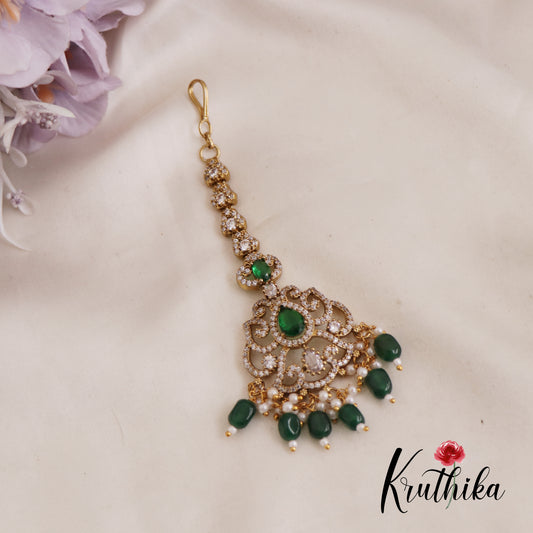 Elegant AD Teardrop Maang Tikka With Pearl And Bead Drops MT330 (Available In 3 Colors)
