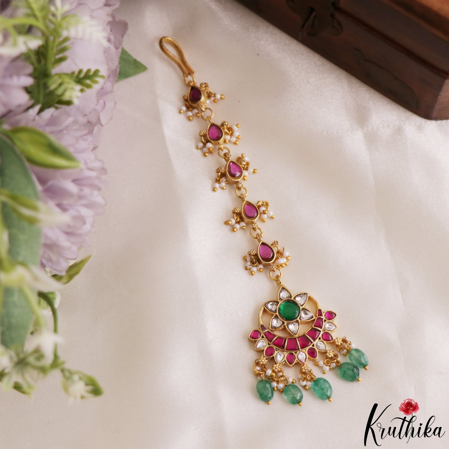 Elegant Floral Motifs Jadau Maang Tikka With Green Bead Drops MT396