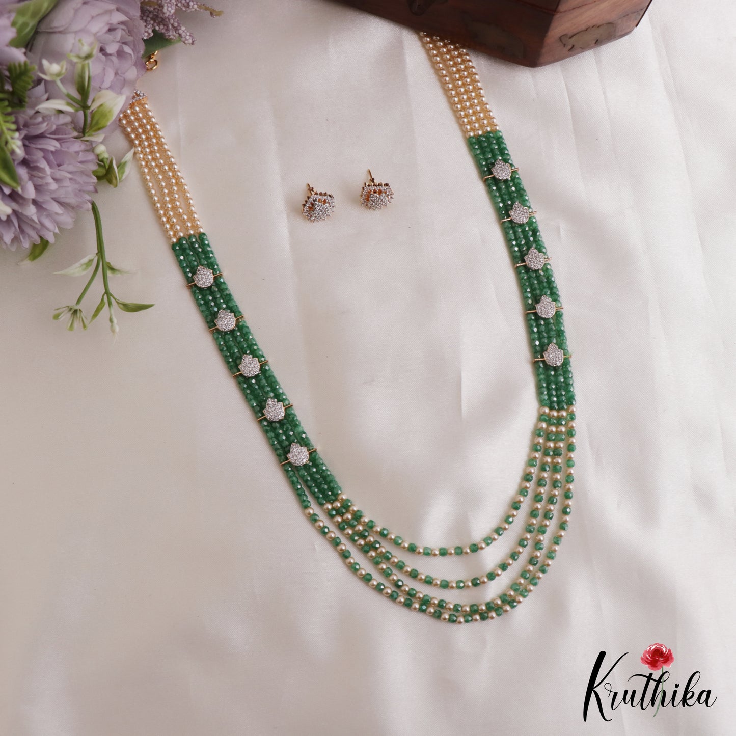 Elegant Multi Layered Crystal & Pearl Haaram With Floral Accents LH2130 (Available In 6 Colors)