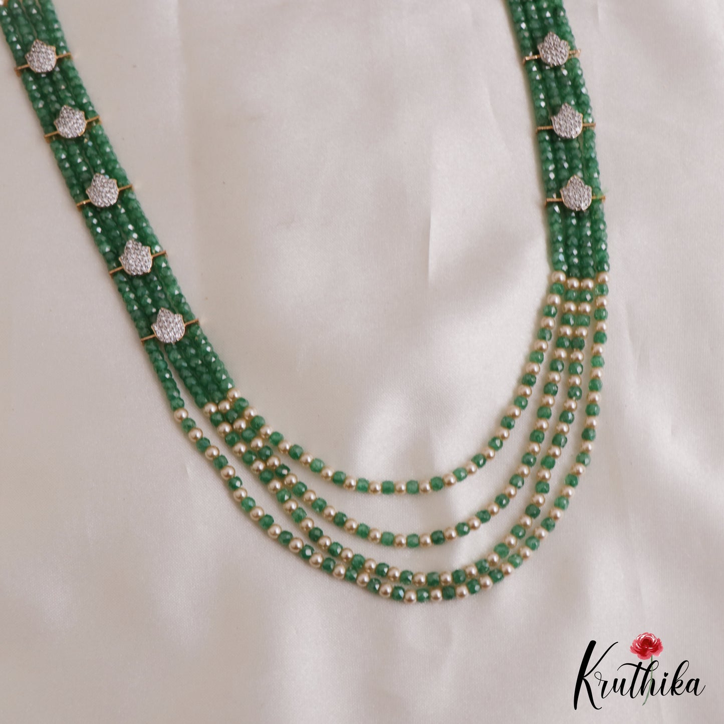 Elegant Multi Layered Crystal & Pearl Haaram With Floral Accents LH2130 (Available In 6 Colors)