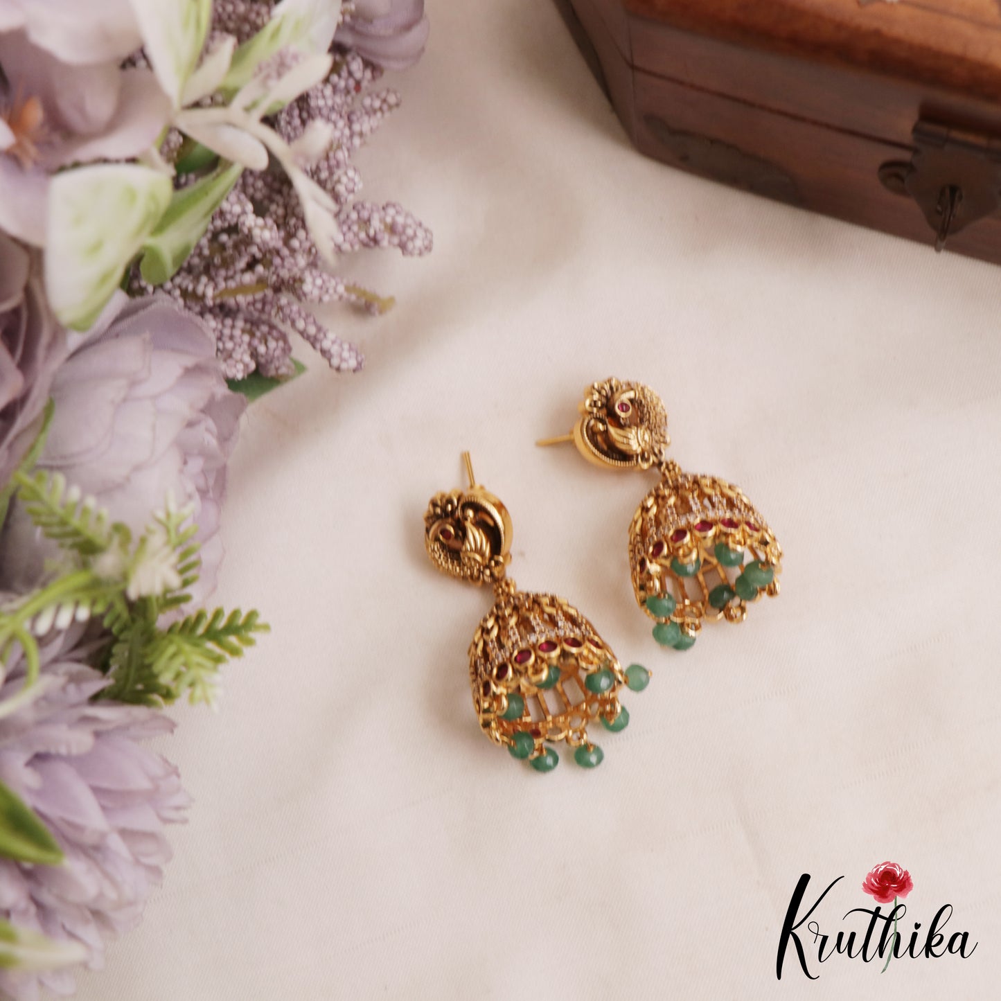 Trendy Antique Peacock Motifs Jadau Jhumkas With Green Bead Drops E1162 (Available In 2 Colors)