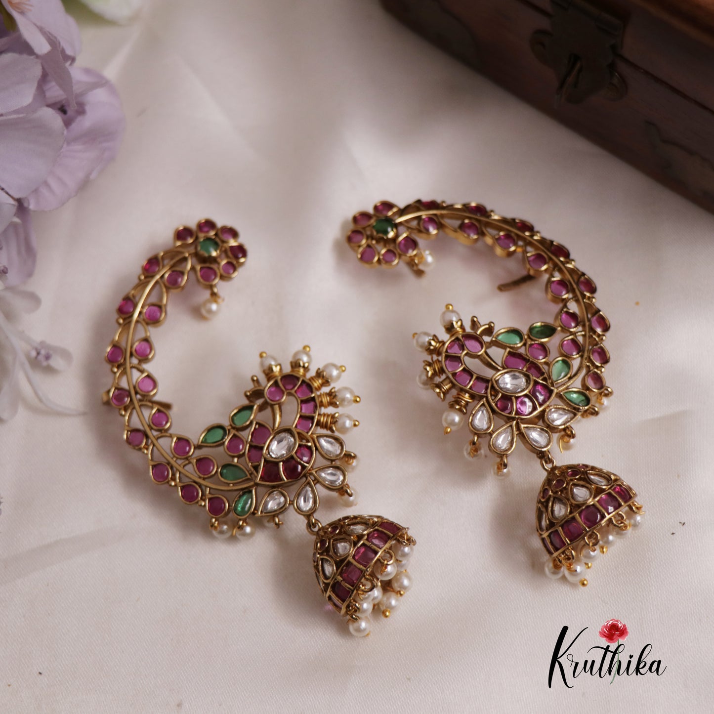 Gorgeous Kemp Stone Peacock Ear cuff With Pearl Drop Jhumkas E775