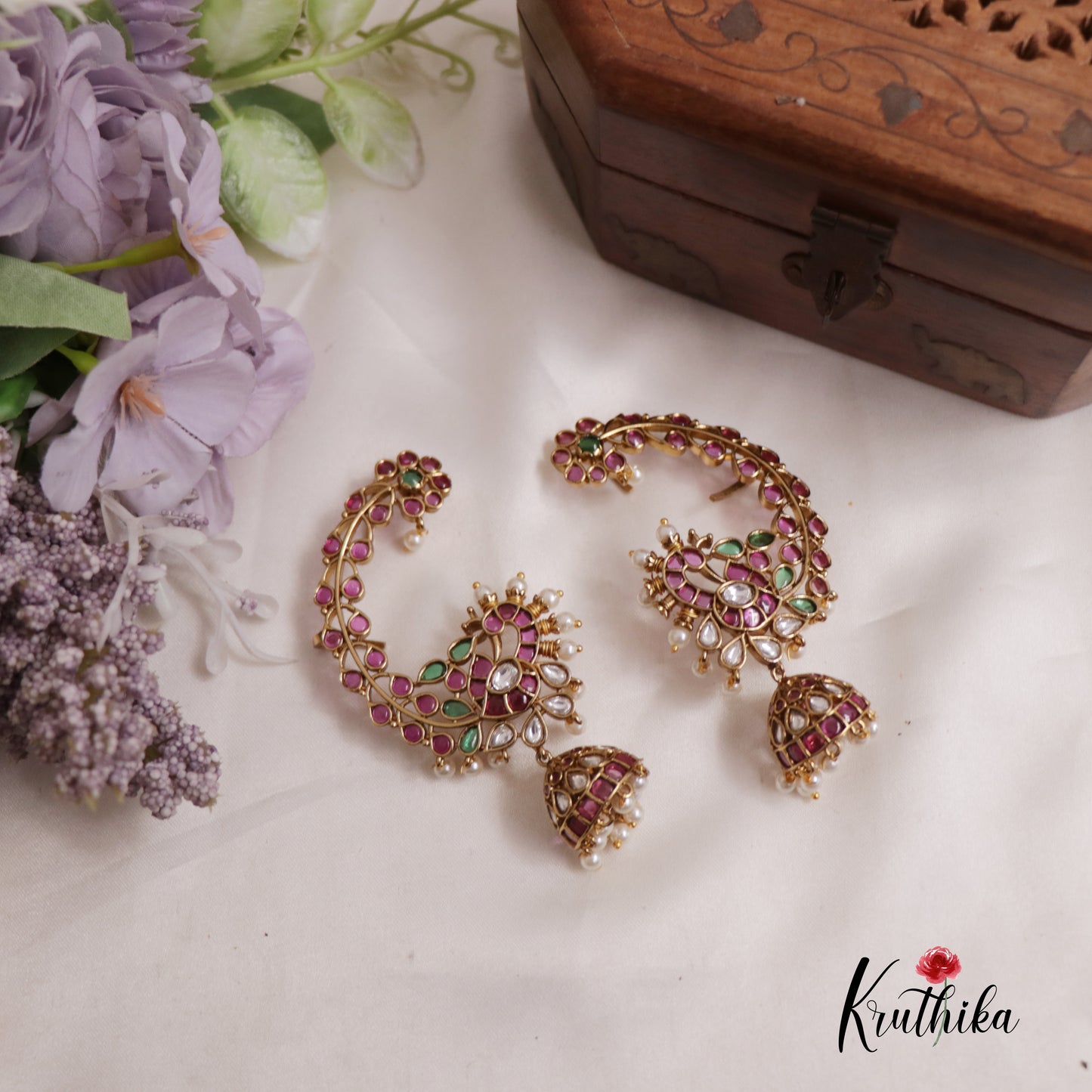 Gorgeous Kemp Stone Peacock Ear cuff With Pearl Drop Jhumkas E775