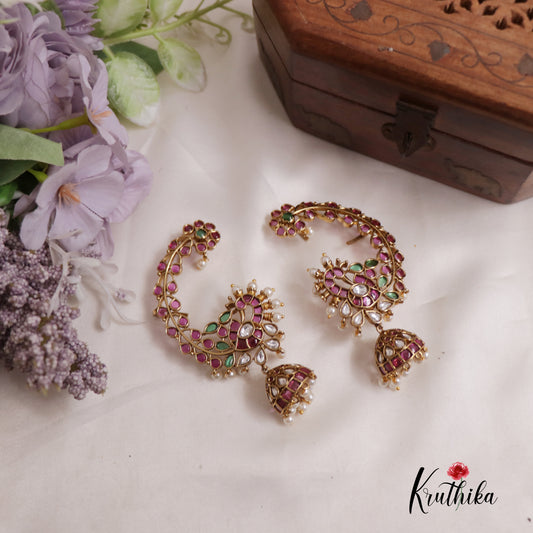 Gorgeous Kemp Stone Peacock Ear cuff With Pearl Drop Jhumkas E775