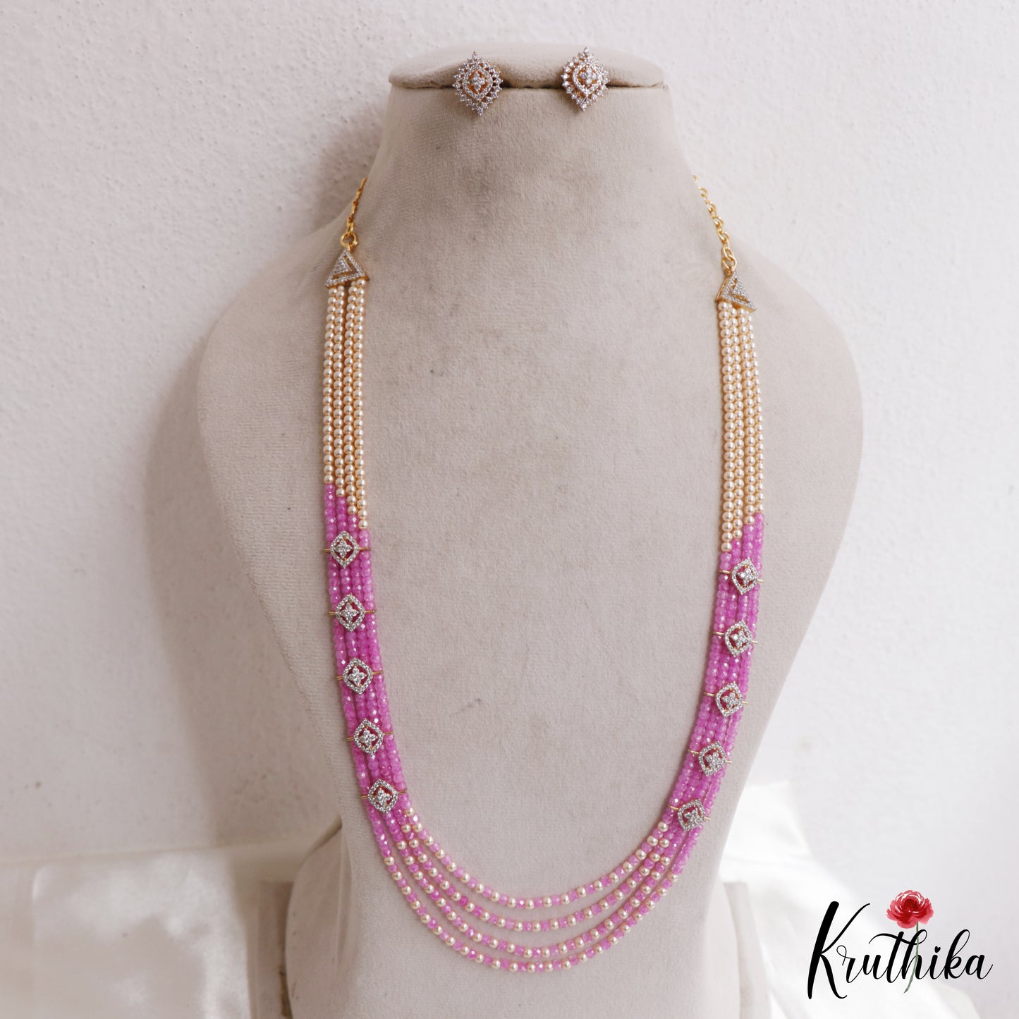 Classic Multi Layered Crystal & Pearl Haaram With Floral Accents LH2128 (Available In 8 Colors)