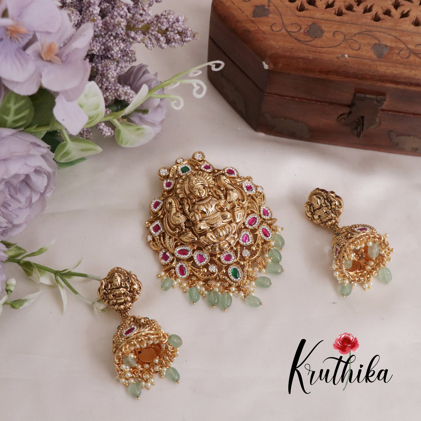 Elegant Temple Lakshmi Peacock Jadau Stone Pendant Set with Pastel Green Beads PS241