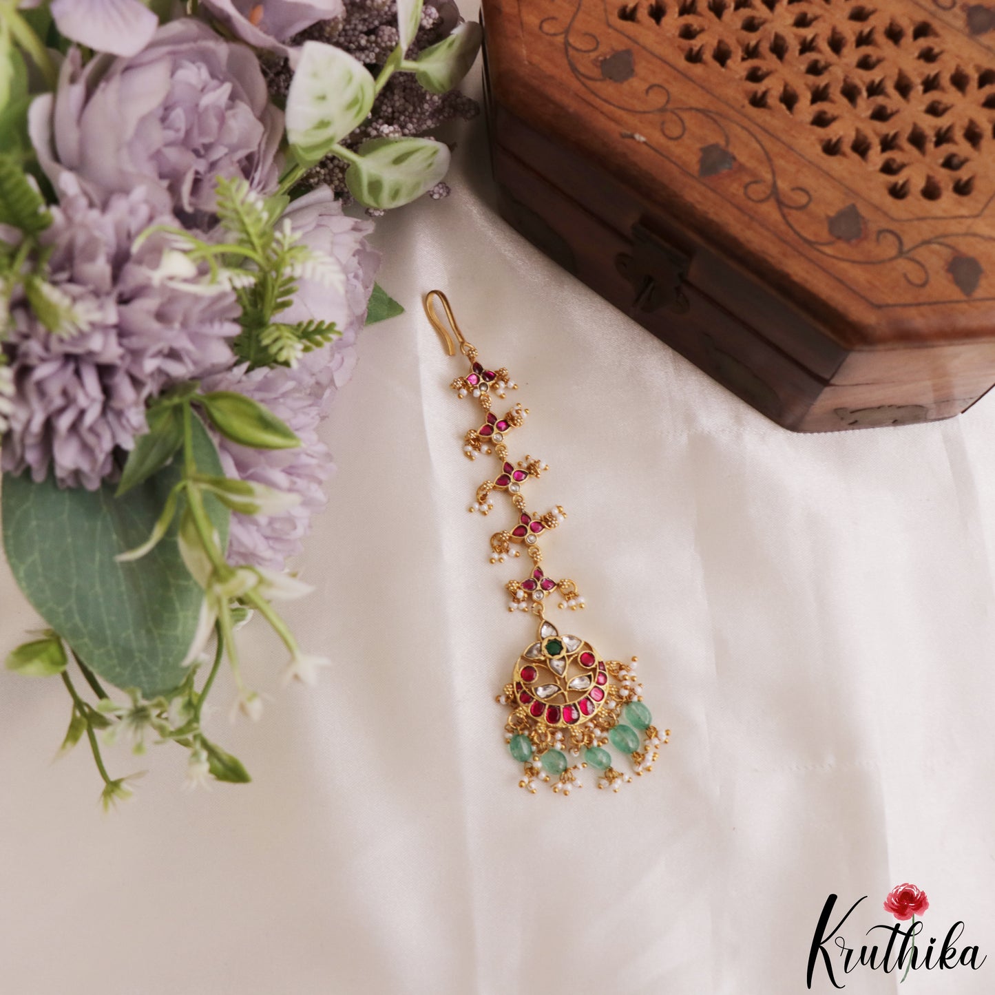 Classic Floral Motifs Jadau Maang Tikka With Green Bead Drops  MT398