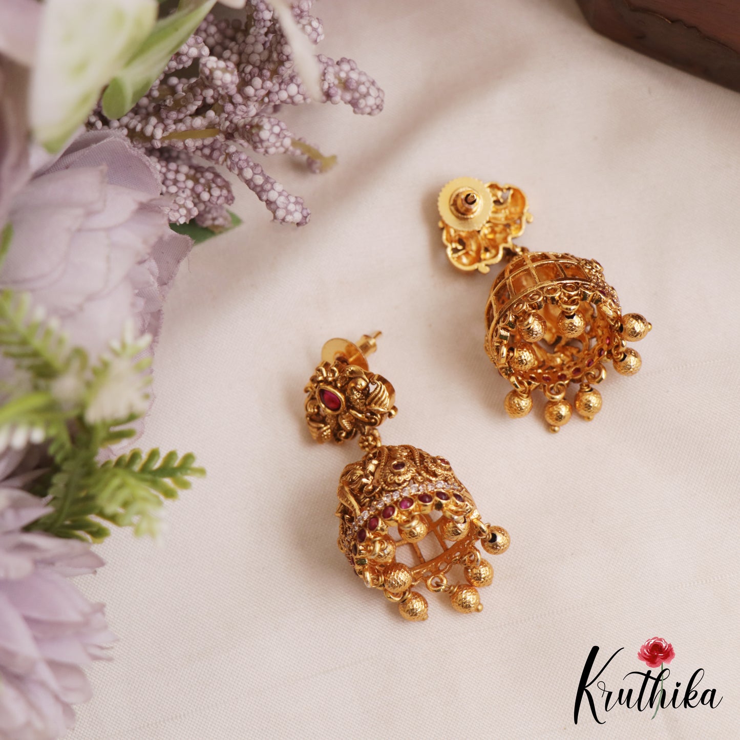 Beautiful Lord Ganesha Motifs Jadau Jhumkas With Gold Bead Drops E1161