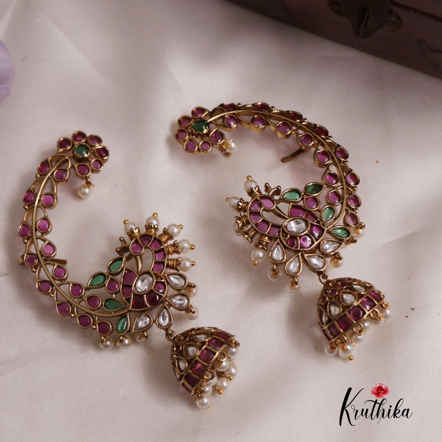 Gorgeous Kemp Stone Peacock Ear cuff With Pearl Drop Jhumkas E775