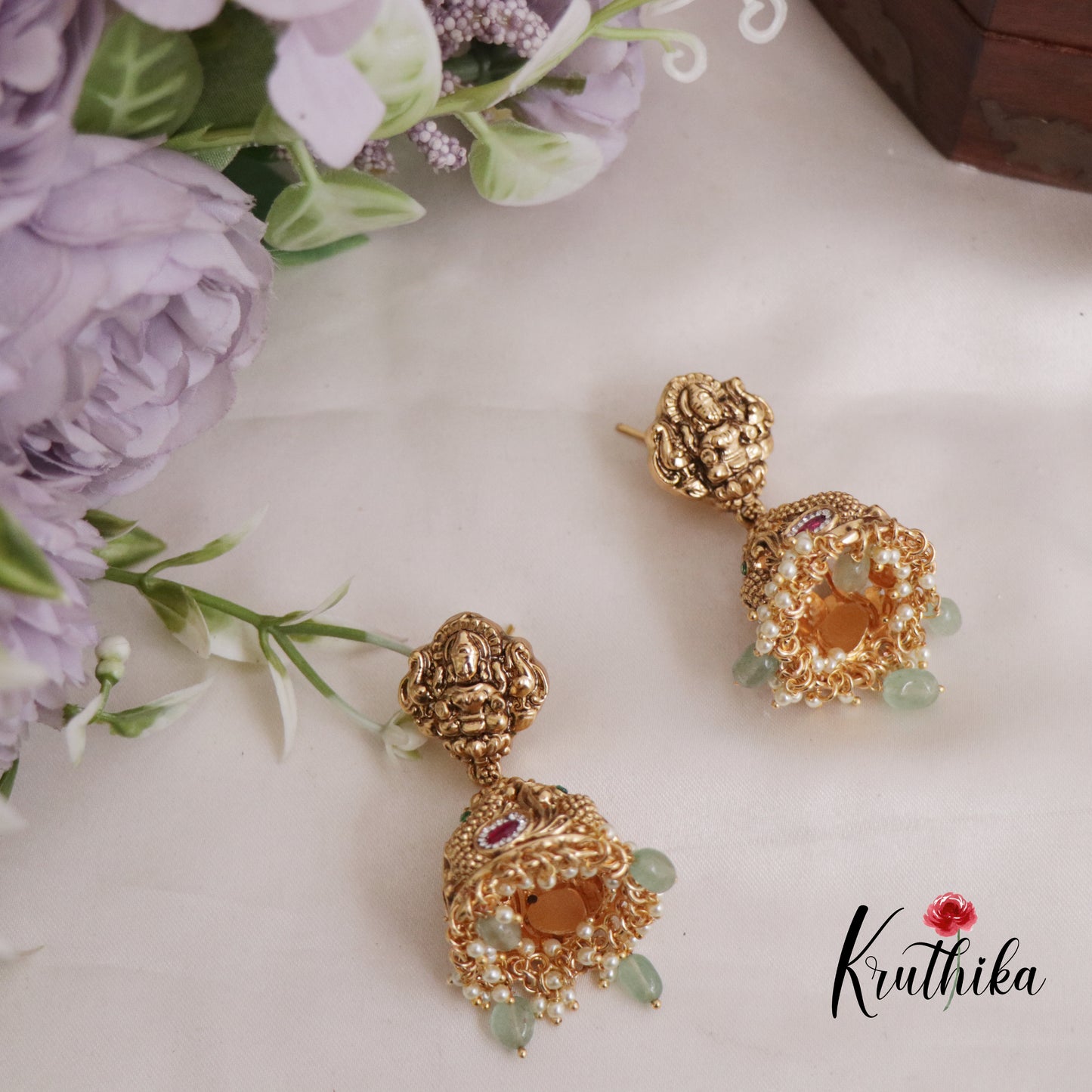 Elegant Temple Lakshmi Peacock Jadau Stone Pendant Set with Pastel Green Beads PS241