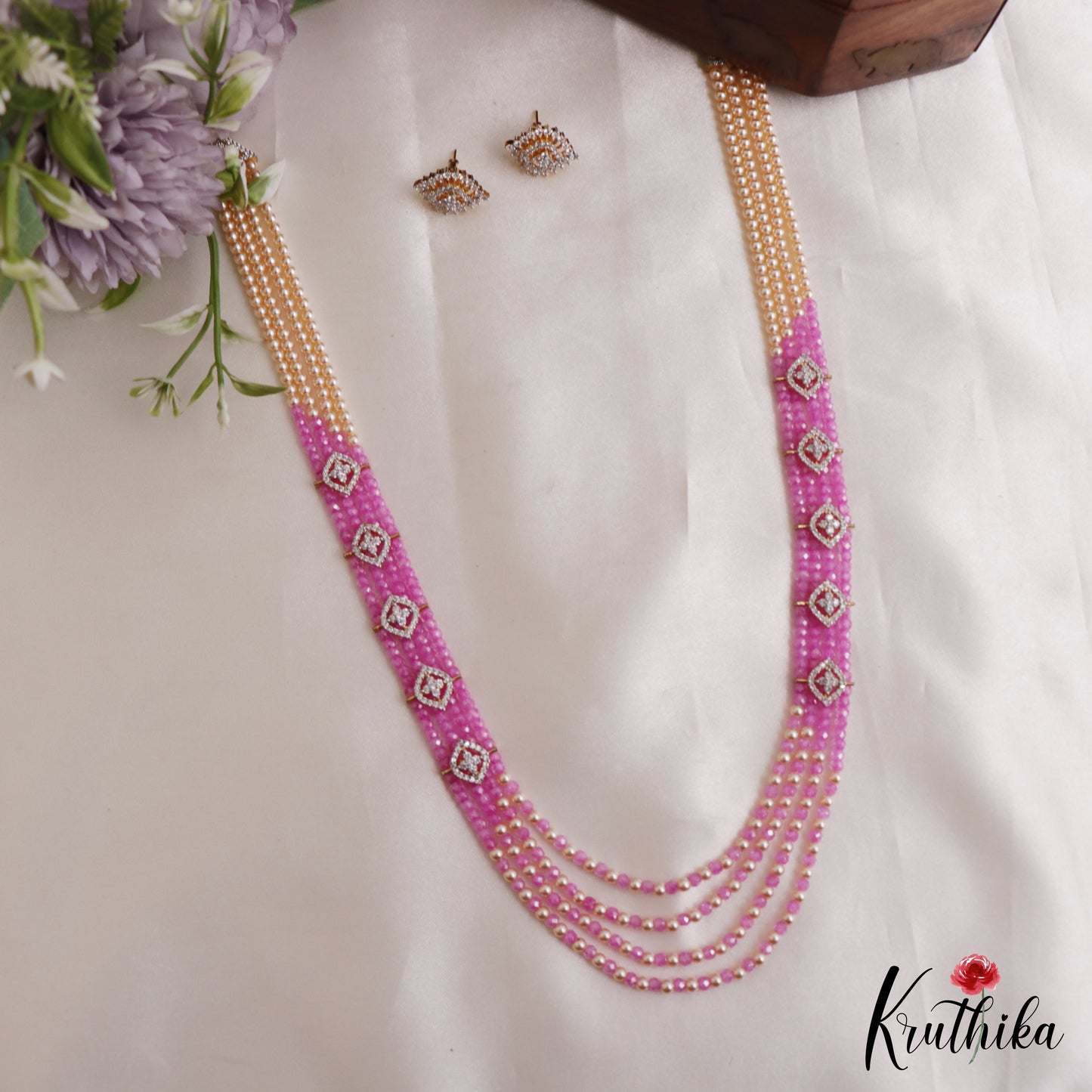 Classic Multi Layered Crystal & Pearl Haaram With Floral Accents LH2128 (Available In 8 Colors)