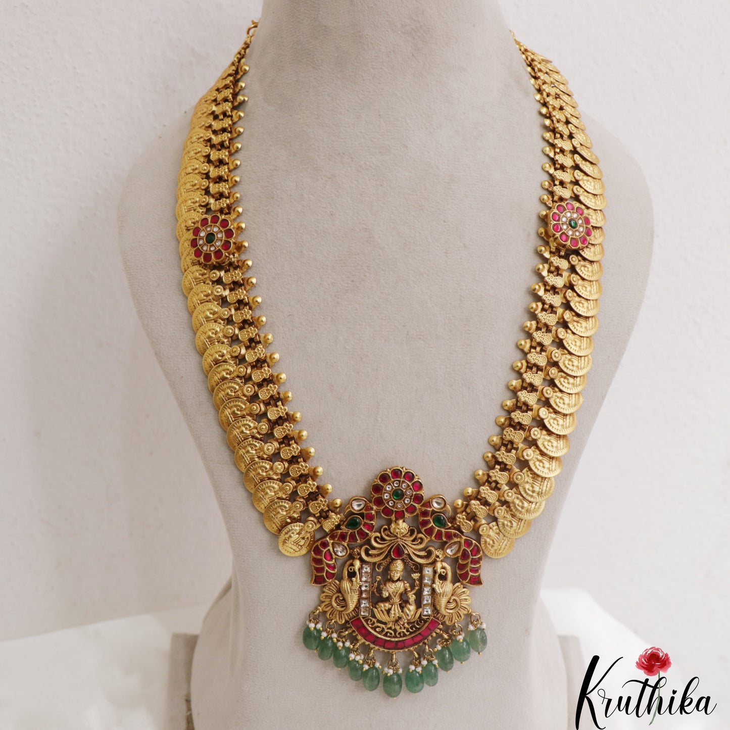 Premium Antique Floral Peacock Motifs Lakshmi Kasu Jadau Haaram With Green Bead Drops LH2135