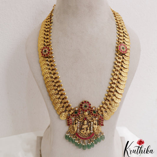Premium Antique Floral Peacock Motifs Lakshmi Kasu Jadau Haaram With Green Bead Drops LH2135
