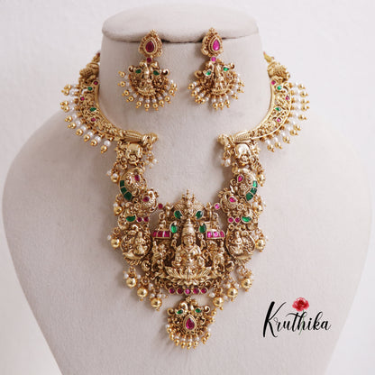 Elegant Temple Lakshmi and Peacock Jadau Necklace with Bead Drops NC2394