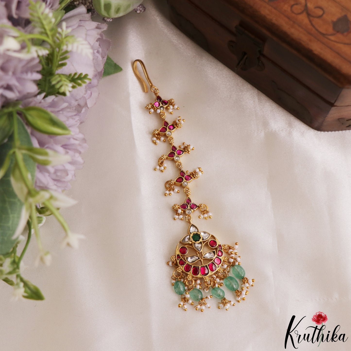 Classic Floral Motifs Jadau Maang Tikka With Green Bead Drops  MT398