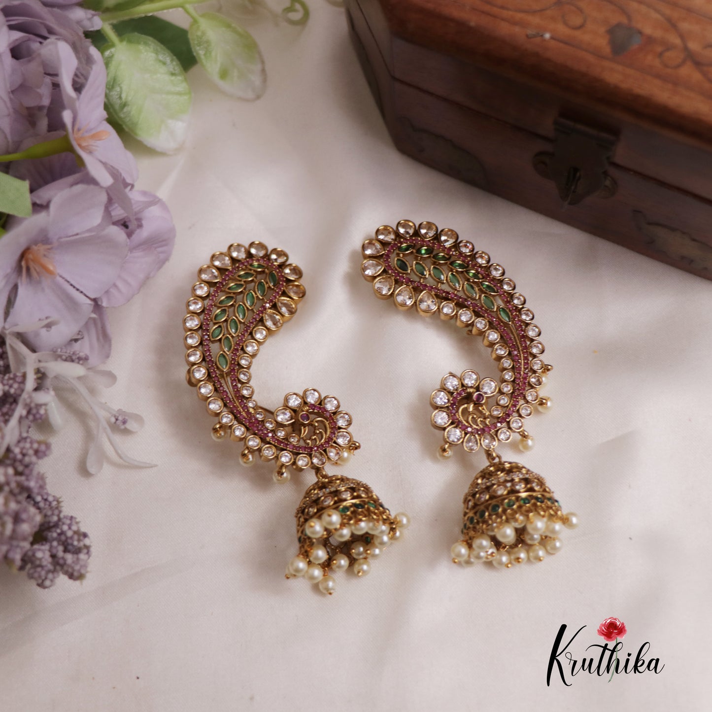 Stunning Peacock Earcuff with Pearl Drop Jhumkas NC25024 (Available In 2 Colours)
