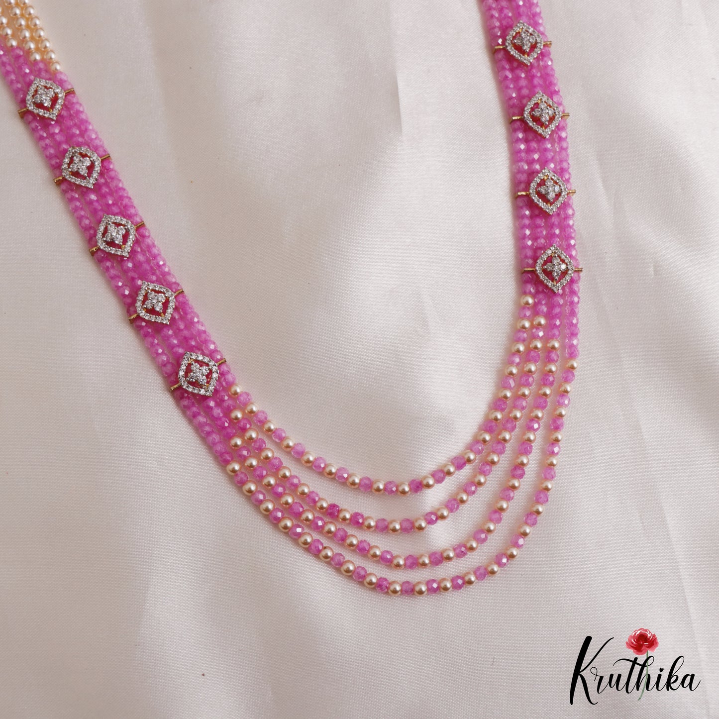 Classic Multi Layered Crystal & Pearl Haaram With Floral Accents LH2128 (Available In 8 Colors)