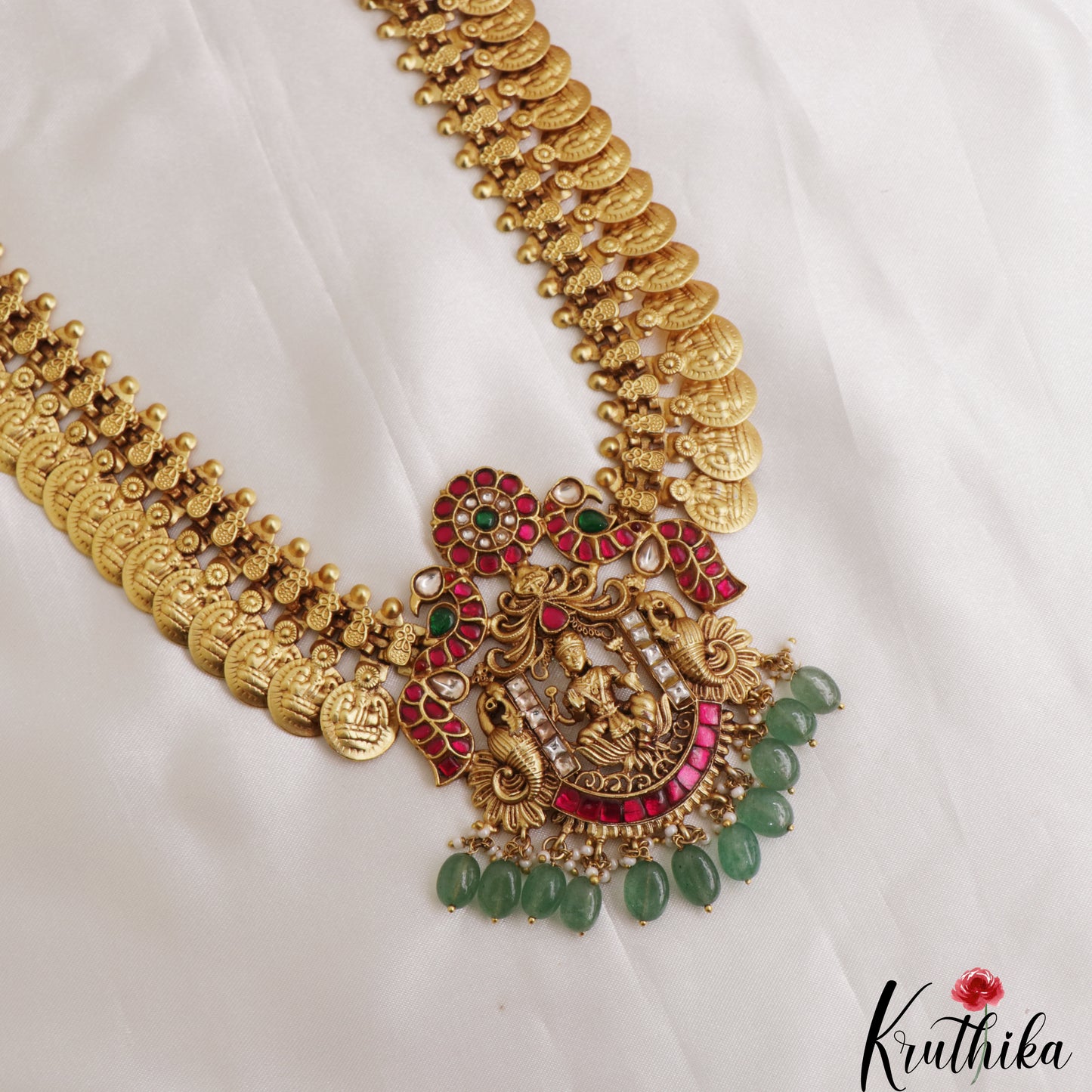 Premium Antique Floral Peacock Motifs Lakshmi Kasu Jadau Haaram With Green Bead Drops LH2135
