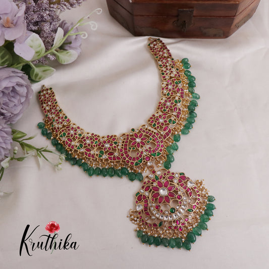 Premium Floral Peacock Jadau Necklace with Green Beads Drops NC2411